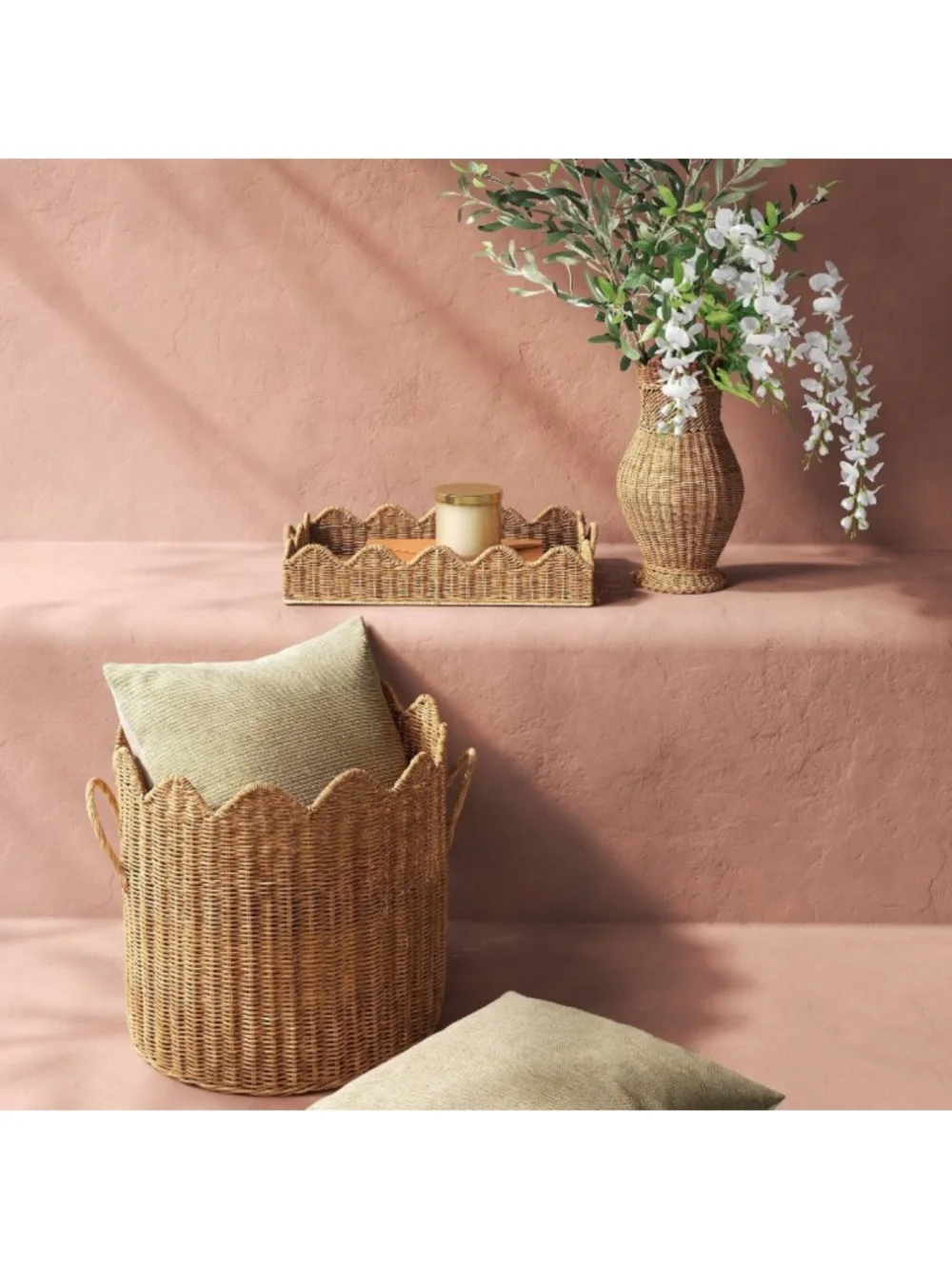 Scalloped Edge Woven Natural Rattan Basket - Threshold